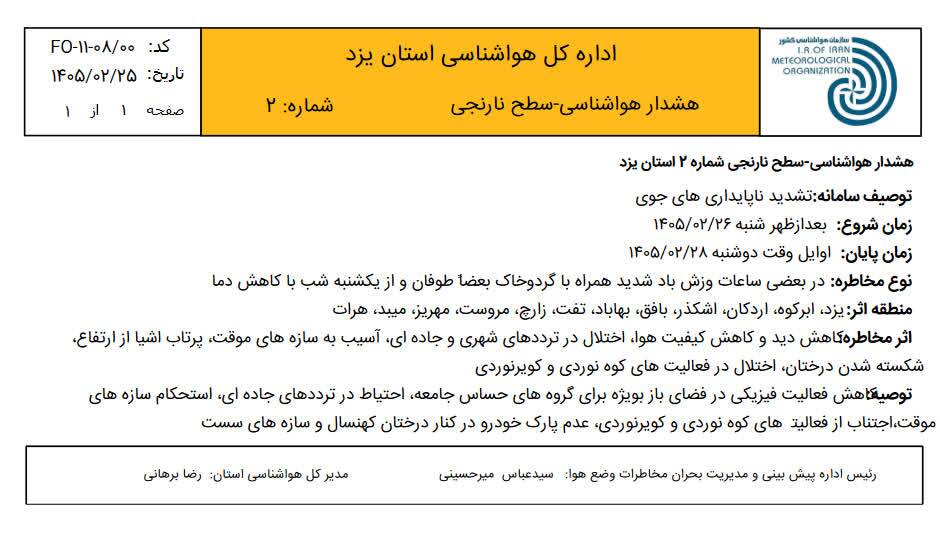هشدار سطح زرد و نارنجی در استان یزد